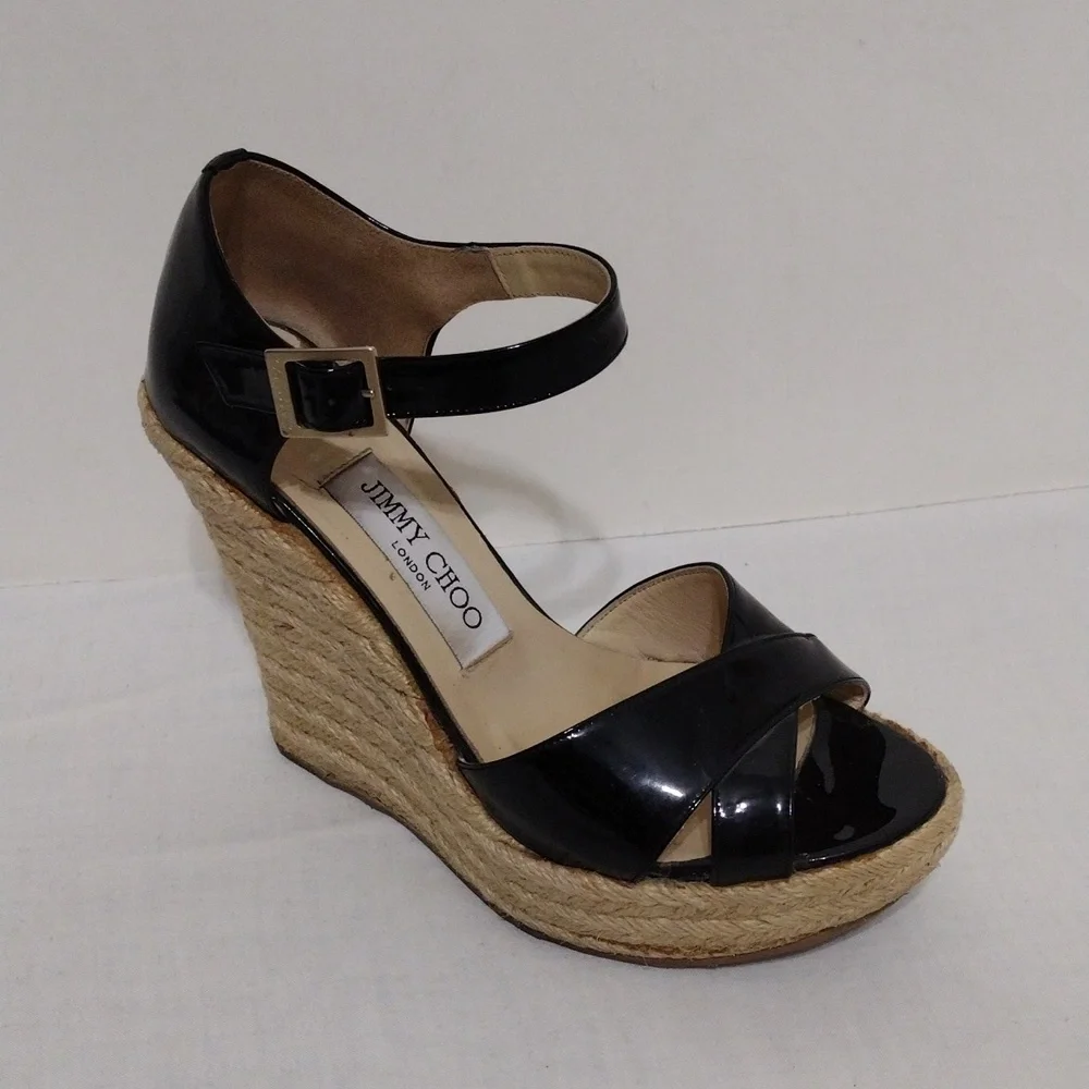 Jimmy Choo Designer Paisley Patent Leather Wedge Sandals Ankle Strap US 6 Chic
